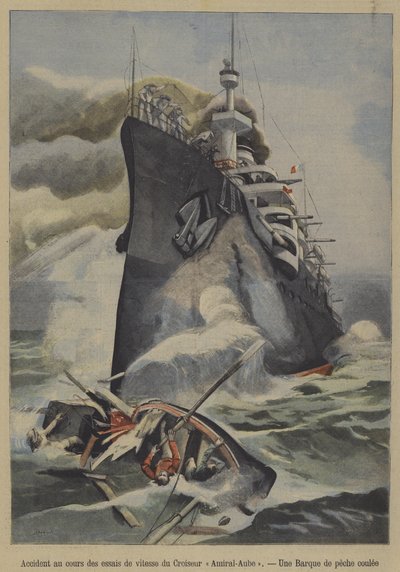 Accidental sinking of a fishing boat by the French armoured cruiser Admiral Aube during speed trials by French School