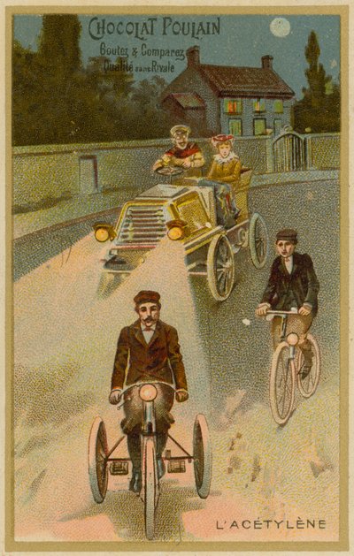 Acetylene headlights on a motor car and a motorcycle by French School