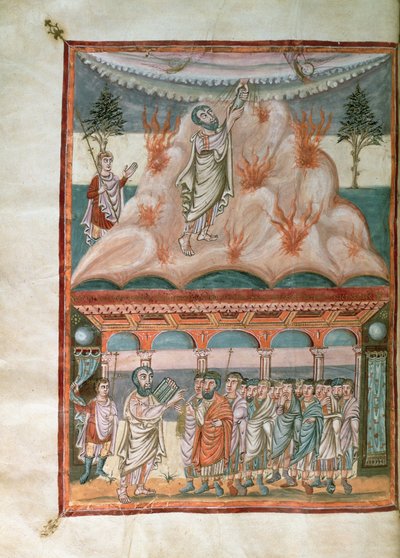 Moses receiving and transmitting the Law of God on Mount Sinai, from the Moutier-Grandval Bible, c.834-843 by French School