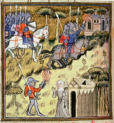 Cavalry setting light to buildings with flaming torches; a nun protecting her abbey from a soldier, c.1380 by French School