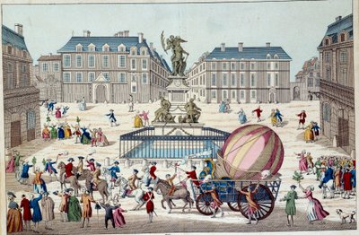 Aerostat: the second attempt to fly on a balloon. The entire aerostatic globe of Charles and Robert in Paris, after a trip on a hydrogenic gas balloon, on 02/12/1783. Anonymous 18th century print. Paris, decorative arts by French School