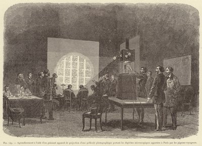 Enlargement using a powerful projection device of a photographic film carrying microscopic messages brought to Paris by carrier pigeons (engraving) by French School