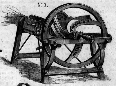Agricultural machine: an English straw axe presented at the Paris agricultural competition in 1860. Engraving in Le Monde Illustré n°169 of 7 July 1860. by French School