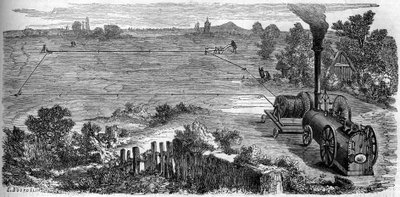 Agriculture: peasants using a steam machine for their cultivation. Engraving in Le Monde Illustré n°131 of 15 October 1859. by French School