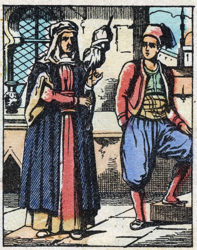 Aladin and his mother living from their work. Engraving of the tale of Thousand and One Nights Aladin and the Wonderful Lamp. Epinal imaging, late 19th century. Private collection by French School