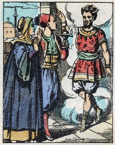 Aladin and his mother rubbed the magic lamp and made the genie appear. Engraving of the tale of Thousand and One Nights Aladin and the Wonderful Lamp. Epinal imaging, late 19th century. Private collection by French School