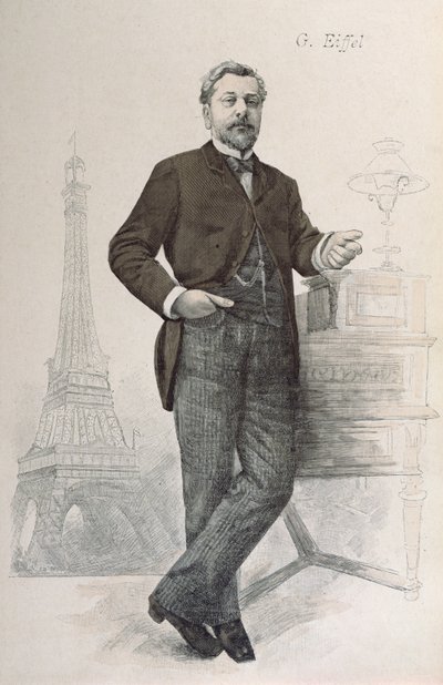 Alexandre Gustave Eiffel posing by his desk with a drawing of the Eiffel Tower, illustration from La Revue Illustrée, 1888 by French School