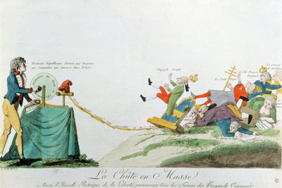 All fall down, the electricity generated by the Declaration of the Rights of Man during the French Revolution overturns the thrones and monarchs of Europe, c.1793 by French School