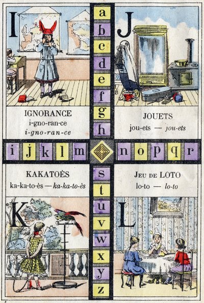 Alphabet and Letter I J K and L, Ignorance, Toys, Kakatoes and Lotto Game. ABC of the Little Girls. Epinal Imaging by French School
