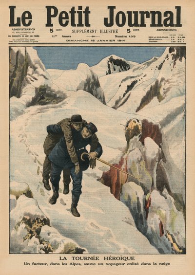 An Heroic Round, an Alpine Postman Rescuing a Traveller Stuck in the Snow, front cover illustration from 