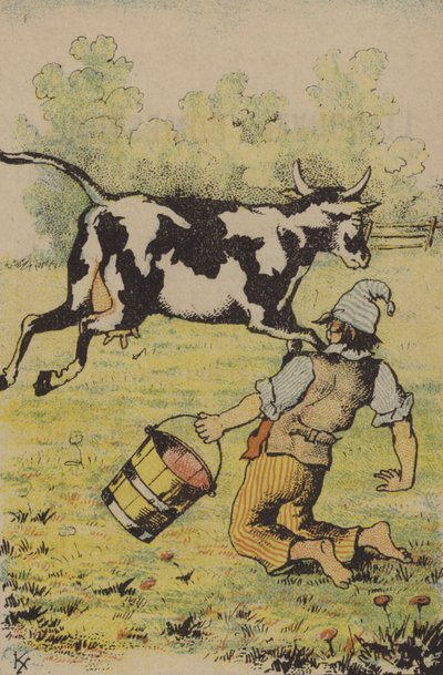 An unsuccessful attempt to milk a cow by French School