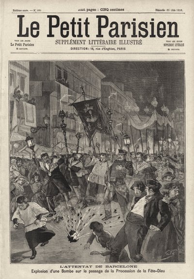 Anarchist bomb attack on the Corpus Christi procession leaving the Church of Santa Maria, Barcelona, Spain by French School