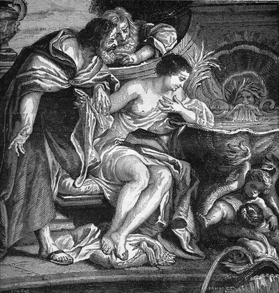 Ancient Egypt: Cheops imagined to prostitute his daughter to pay for the construction of the Pyramids (procuring). Engraving in 