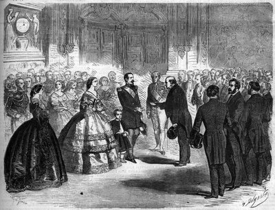 Annexation of Savoy to France, Paris, 22 March 1860: Reception of Amedee Greyfie de Bellecombe (1811-1879) and the Deputation of Savoy by Emperor Napoleon III (1808-1873) and Empress Eugenie de Montijo (1826-1920) at the Tuileries. Engraving in 