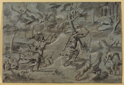 Diane, hunting with her companions, targeted by Amour archer, c. 1590-1600 by French School