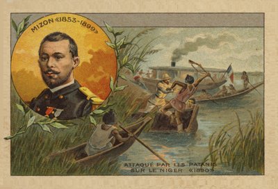 Antoine Mizon being attacked on the river Niger in 1890 by French School
