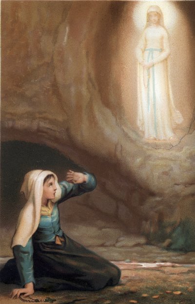 Appearance of the Virgin Mary to Bernadette Soubirous (1844-1879) in the cave of Lourdes, Hautes Pyrenees (65) by French School