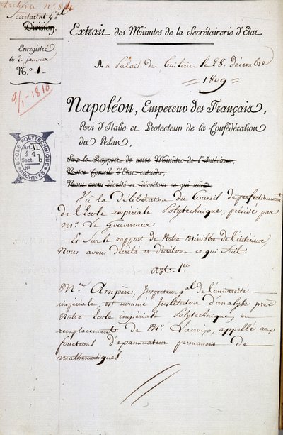 Appointment by Napoleon of André Marie Ampère as inspector of Polytechnique - Mandatory Mention: Archives of the Bibl. de l