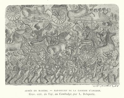 Army on the march, bas-relief from Angkor, Cambodia by French School
