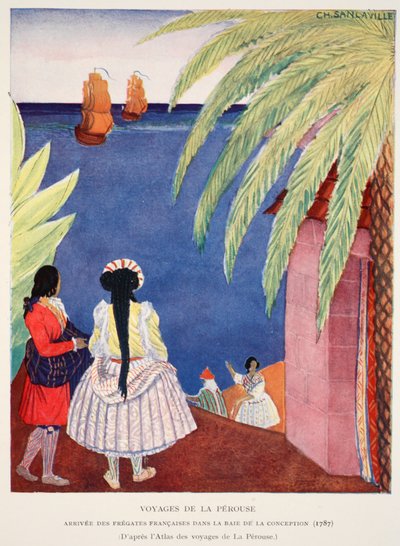Arrival of the French frigates in the Bay of Conception, Voyages of Perouse, illustration from Histoire de la Nation Francaise by French School