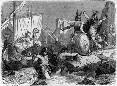 Arrival of the Normans on the French coast in the Middle Ages. Engraving in 