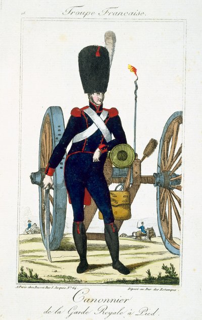 Artilleryman of the Royal Guard with a cannon, from Troupes Francaises, pub. chez Basset, Paris, c.1790 by French School