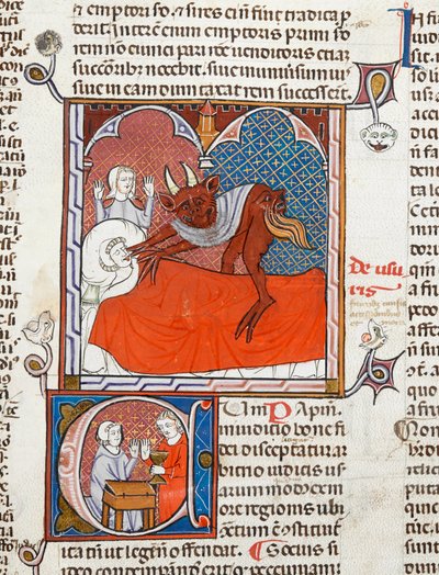 A devil or demon on the bed of a dead person, illustration from Digestum Vetus with gloss ordinaria, by Justinian, c.1300-10 by French School