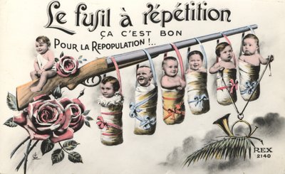 Babies and a rifle by French School