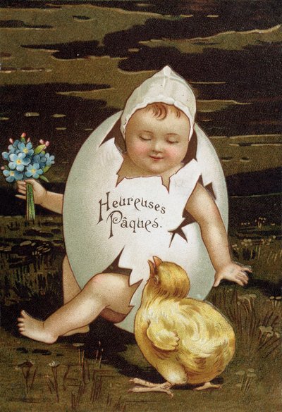 Baby in an egg next to a chick - greeting postcard for Easter by French School