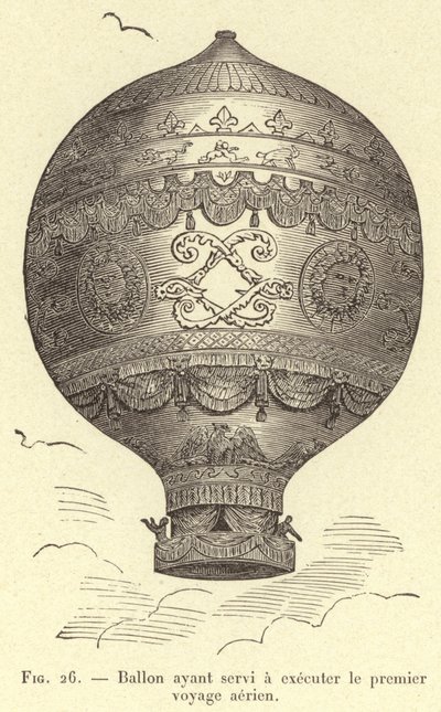 Balloon used for the first aerial voyage (engraving) by French School