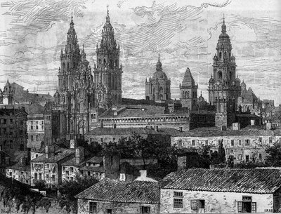 Baroque Art: View of the Cathedral of Santiago de Compostela, Spain - Engraving in 
