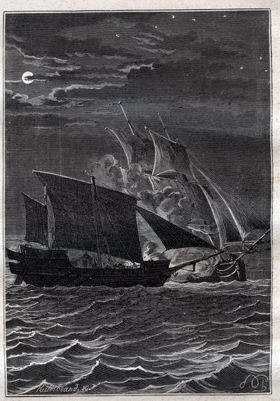 Battle of the Swallow and a Malaysian pirate ship: The Swallow ship of Philip Carteret fought with a Malaysian pirate ship in the Indonesian waters in 1767 - illustration from The Great Mariners of the 18th century by French School