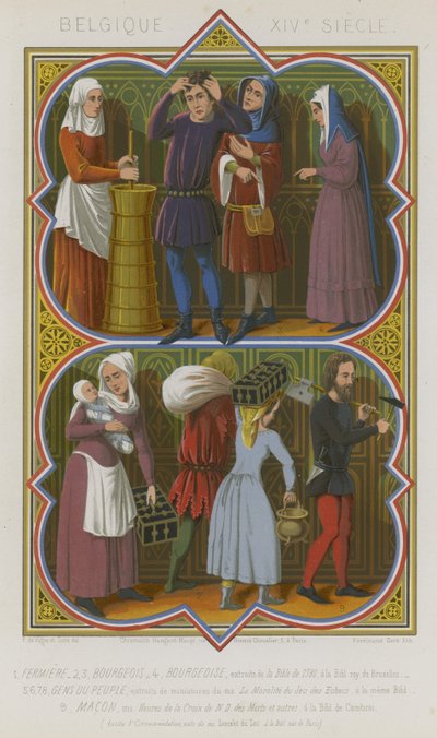Belgian 14th-Century Depictions of Farmworkers, Bourgeoisie, the Common People and a Mason by French School