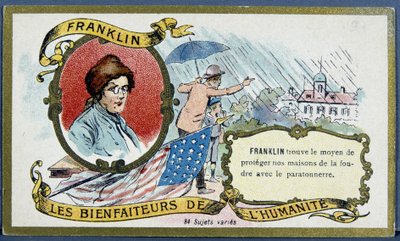 Benjamin Franklin, American Politician and Physicist (1706-1790) and the Lightning Rod - Chromo., Early 20th Century by French School