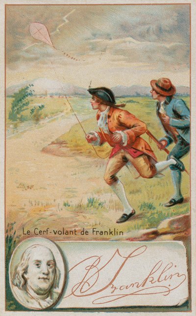 Benjamin Franklin flying a kite which is struck by lightning by French School
