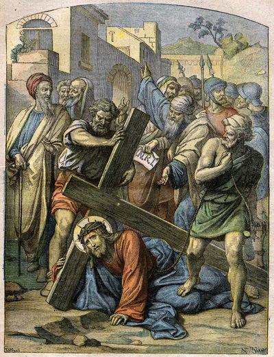 Bible Scene - Way of the Cross: Jesus falls a second time. Engraving in 