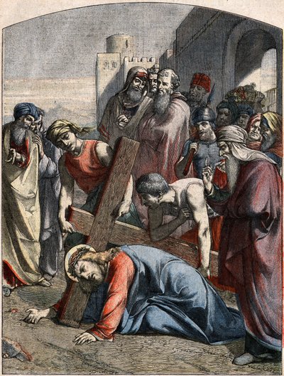 Bible Scene - Way of the Cross: Jesus falls for the first time by French School