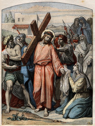 Bible Scene - Way of the Cross: Jesus has his face wiped by St. Veronica. Engraving in Le Pelerin of 20 September 1896. by French School