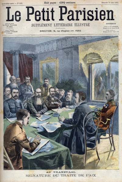 Boer War. The signing of the Transvaal peace treaty between Boer chiefs and British general Horatio Herbert Kitchener in Pretoria, South Africa. Engraving in 