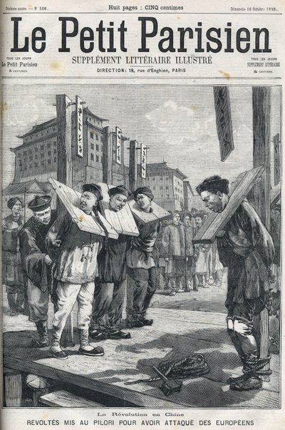 Boxer Revolt in China in 1898: Revolts put in pillory for attacking Europeans. Cover of 