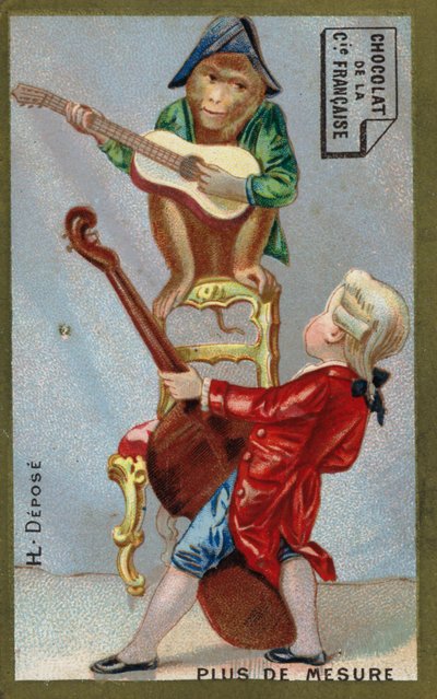 Boy and monkey playing musical instruments together by French School