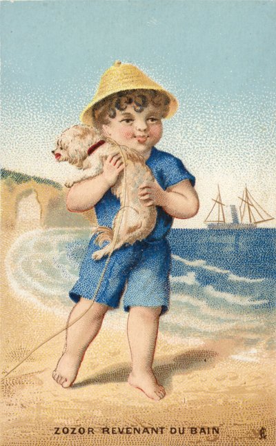 Boy with Dog on Beach by French School