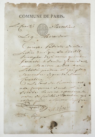 Call from Maximilien de Robespierre to Join the Commune, 9 Thermidor An 2 (27th July 1794) by French School