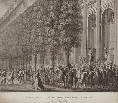 Camille Desmoulins delivering a call to arms to the people at the Palais Royal, Paris by French School