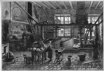 Canut workshop. Interior of a silk weaver workshop in Lyon during a crisis at the end of the 19th century. Engraving in Le Monde Illustré n°1039 of 10 March 1877 by French School