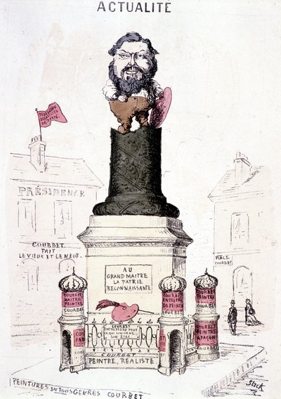 Cartoon of Courbet in statue on the truncated base of the Vendôme column by French School