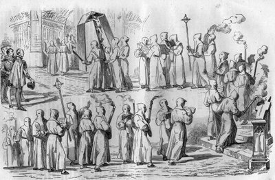 Catholic fun and superstitions. Procession of Penitents during the attack of Rome by Emperor Othon I the Great (912-973). Engraving in 