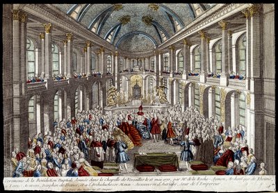 Ceremony of the bridal blessing given in the chapel of Versailles on 16 May 1770 by Louis Auguste, Dauphin of France (Louis XVI), and Marie Antoinette of Austria - engraving by French School