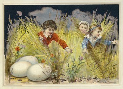 Children looking for enormous Easter eggs by French School