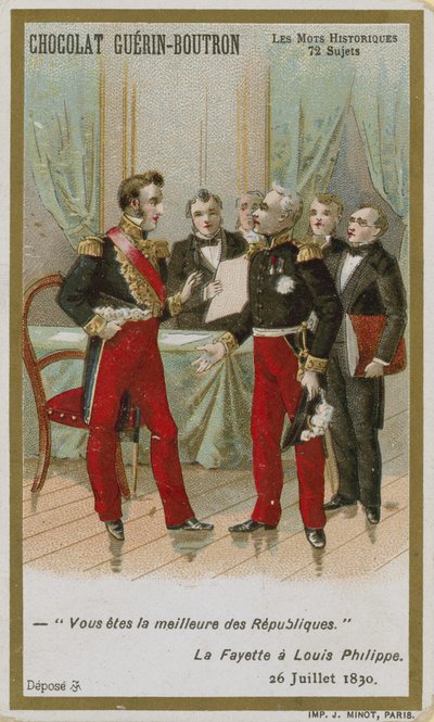 Chocolat Guerin-Boutron trade card, Historic Words series by French School